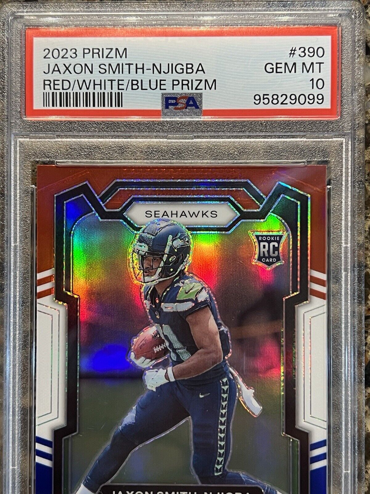 Jaxon Smith-Njigba RC 2023 Panini Prizm Red White Blue Prizm Rookie Gem PSA 10