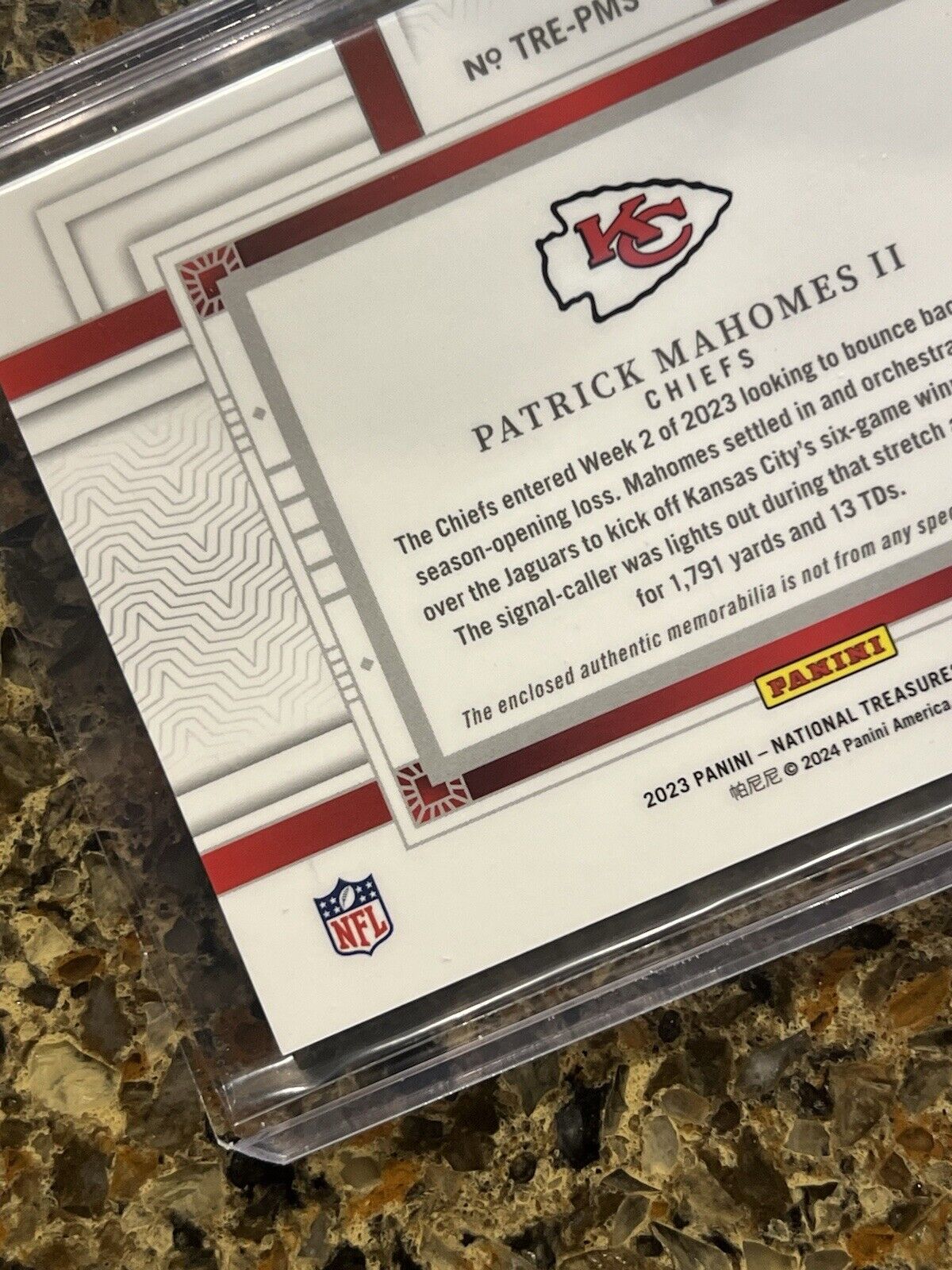 Patrick Mahomes II 2023 National Treasures Tremendous Treasures Patch #03/25 SSP