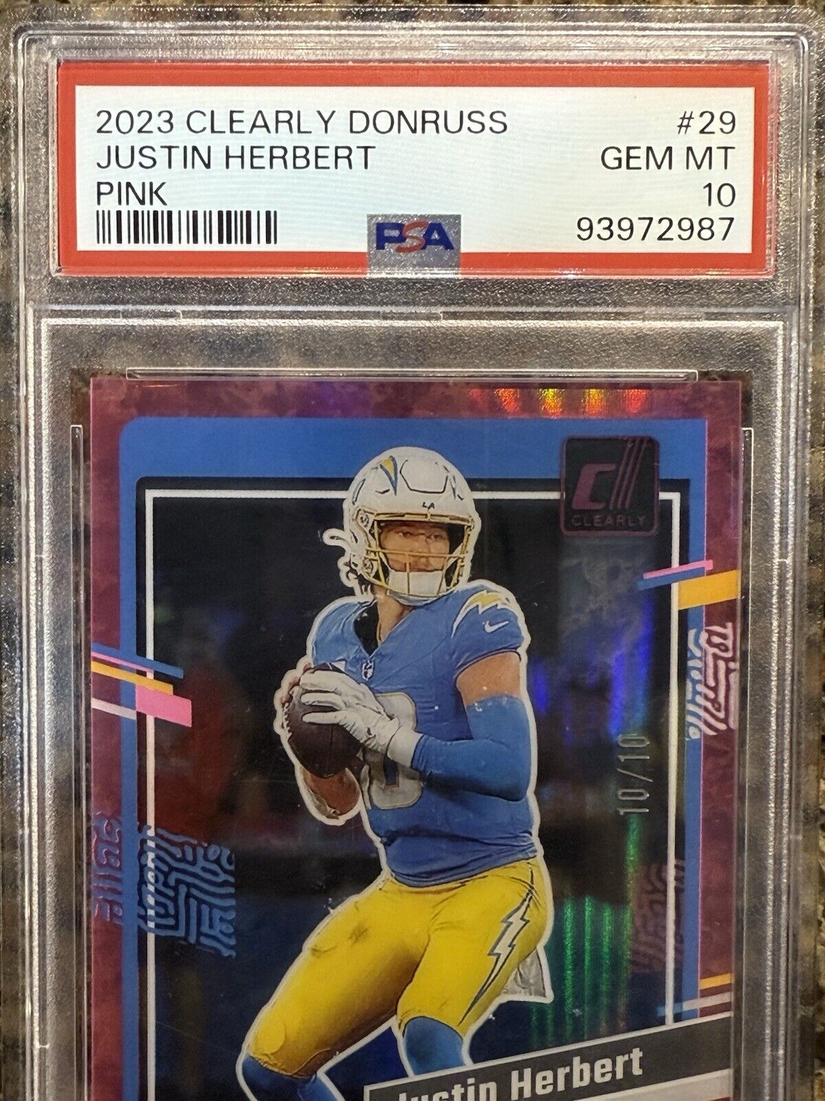 Justin Herbert 2023 Panini Clearly Donruss Pink 10/10 Jersey Match PSA 10 POP 1