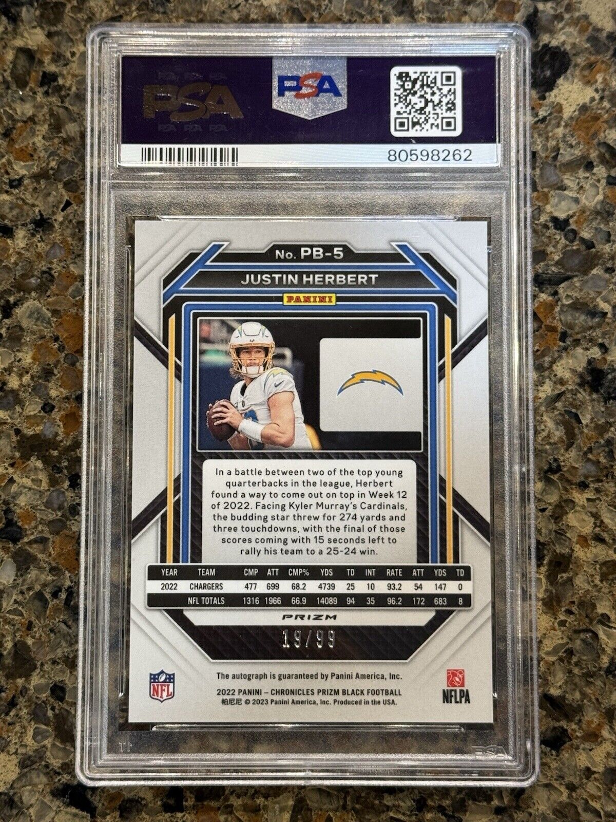 Justin Herbert 2022 Panini Chronicles Prizm Black Signature Red /99 Auto PSA 10