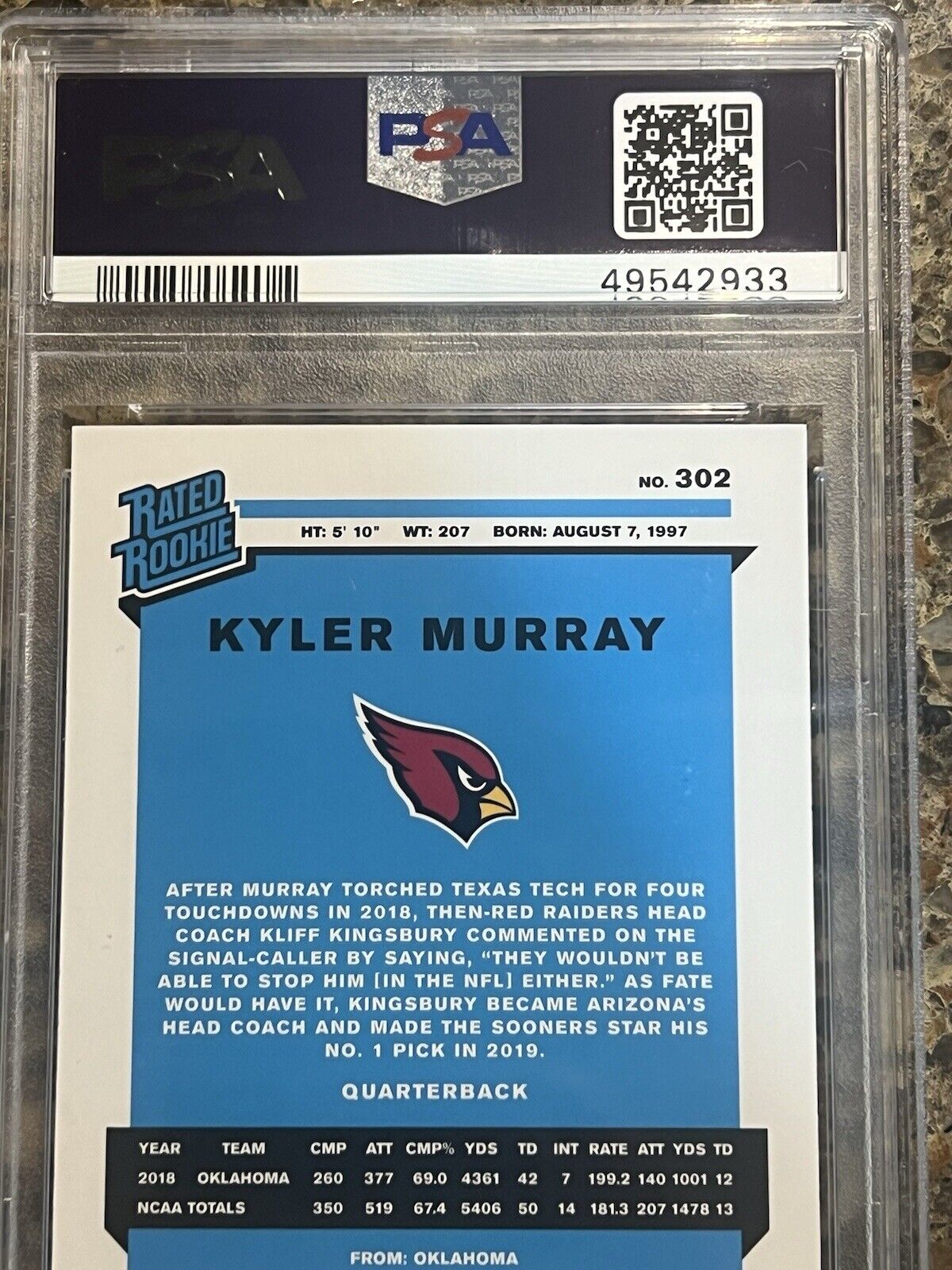 Kyler Murray RC - 2019 Panini Donruss Football Rated Rookie - GEM MINT PSA 10