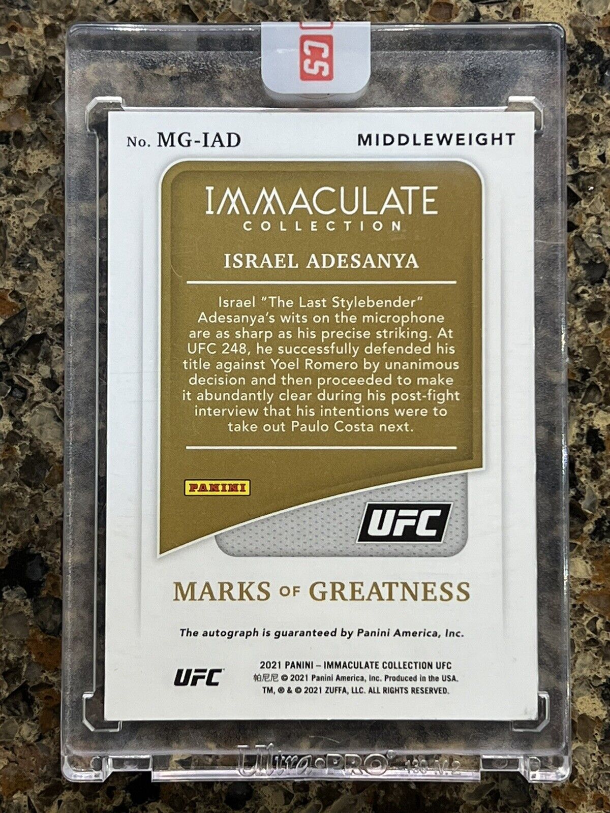 Israel Adesanya 2021 Panini Immaculate UFC Marks Greatness 24/48 Gold Autograph