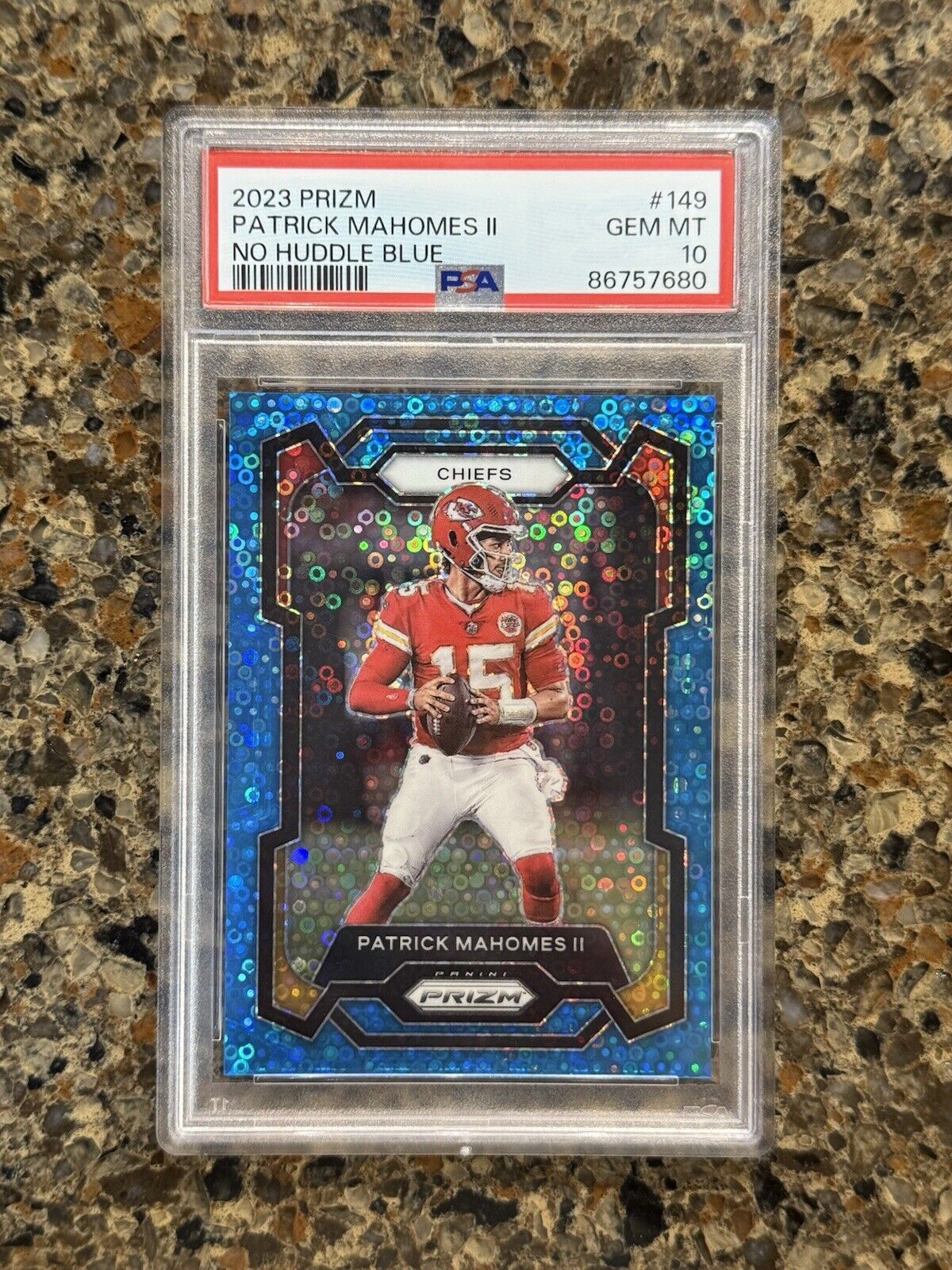 2023 Panini Prizm Patrick Mahomes II No Huddle Blue Disco #14/95 Gem Mint PSA 10