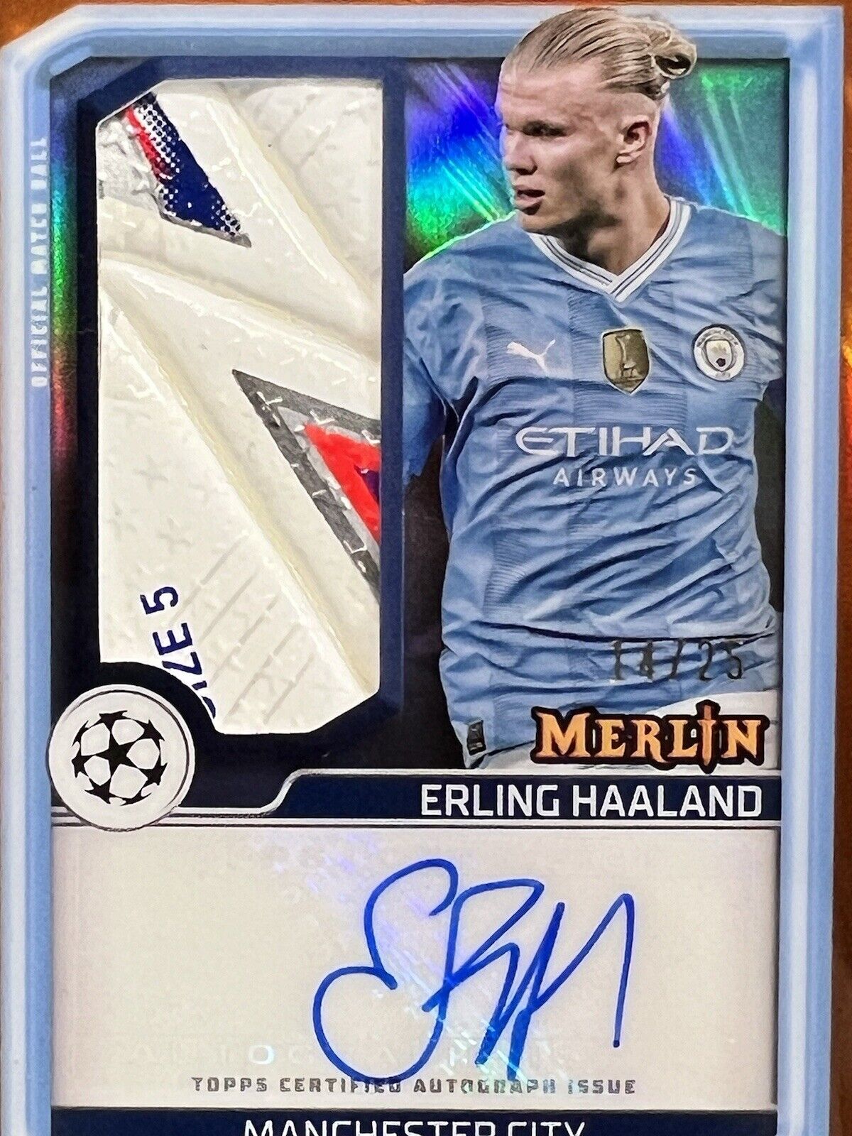 2023 Topps Merlin UEFA CL Erling Haaland Match Ball Auto #14/25 Orange Refractor