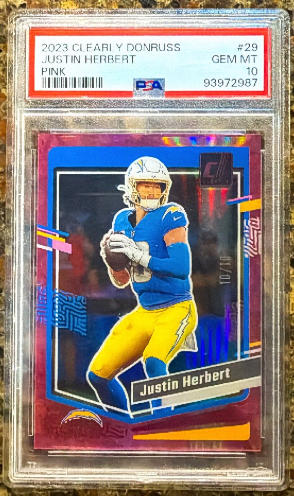 Justin Herbert 2023 Panini Clearly Donruss Pink 10/10 Jersey Match PSA 10 POP 1