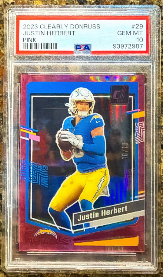 Justin Herbert 2023 Panini Clearly Donruss Pink 10/10 Jersey Match PSA 10 POP 1