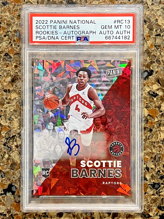 Scottie Barnes RC 2022 Panini National Autograph Cracked Ice 03/25 Rookie PSA 10