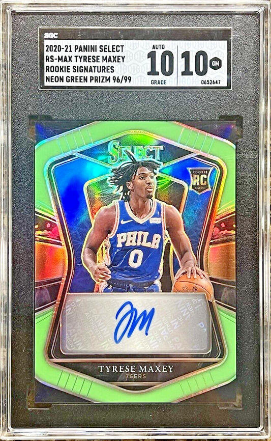 Tyrese Maxey RC 2020 Panini Select Rookie Signatures Neon Green Prizm /99 SGC 10