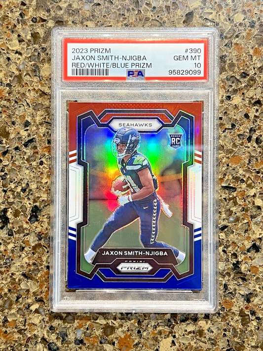 Jaxon Smith-Njigba RC 2023 Panini Prizm Red White Blue Prizm Rookie Gem PSA 10