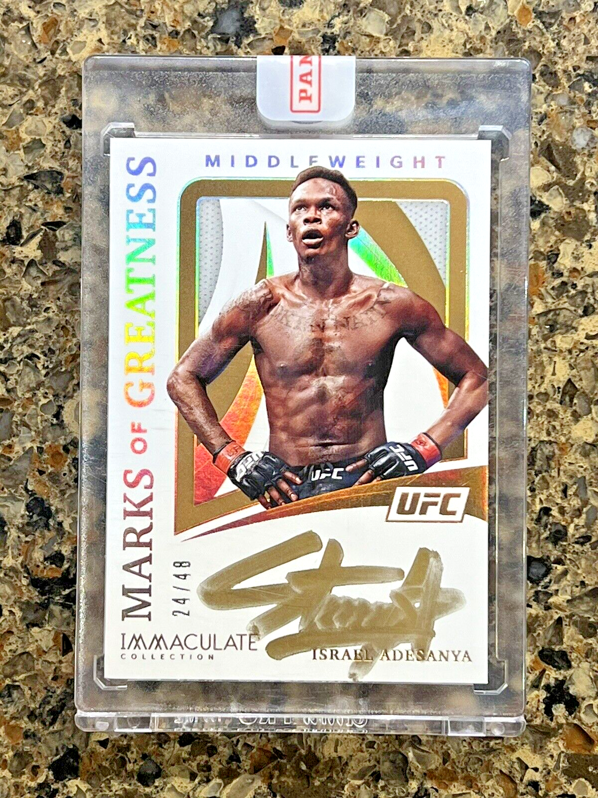 Israel Adesanya 2021 Panini Immaculate UFC Marks Greatness 24/48 Gold Autograph